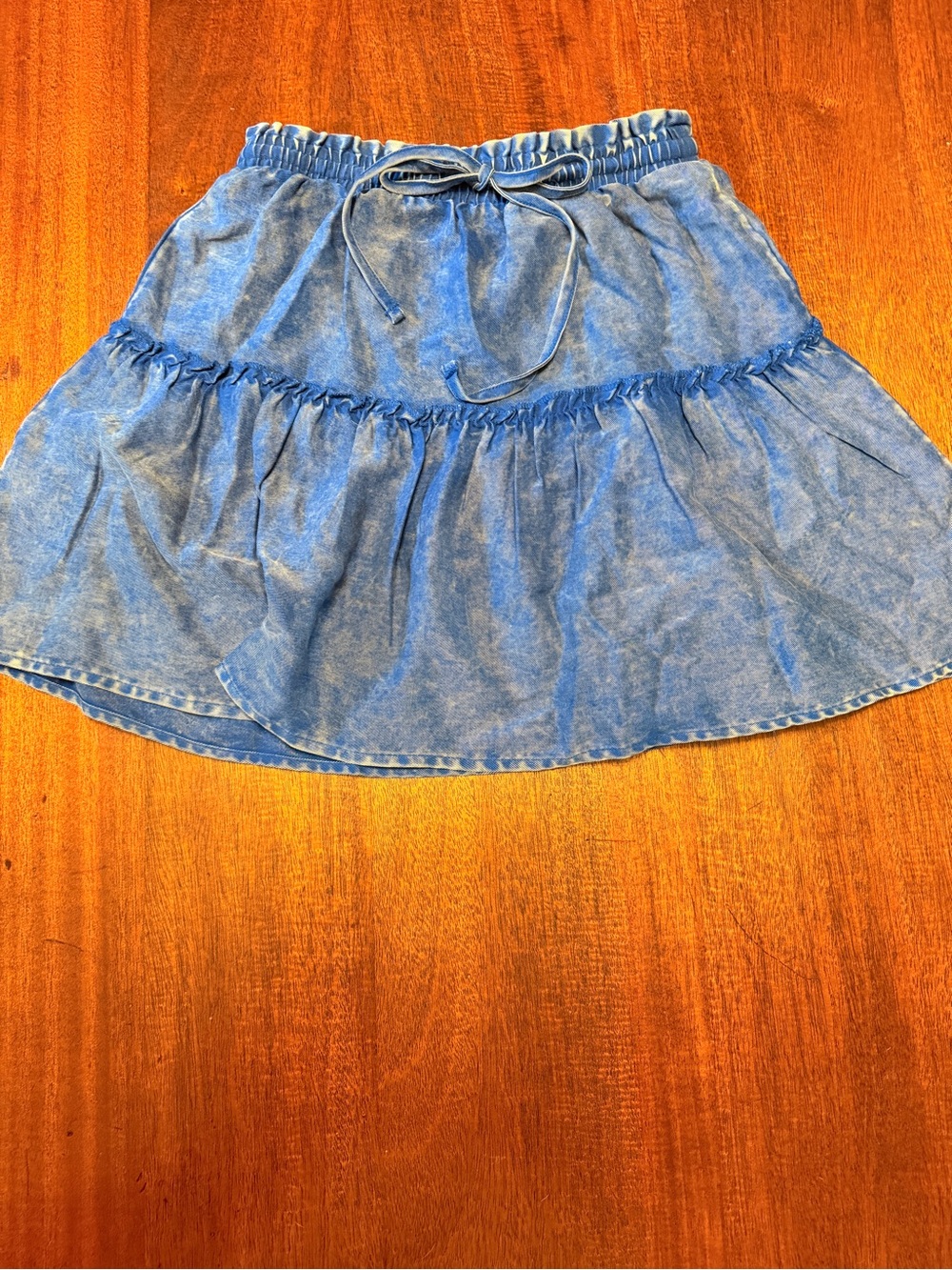 Zenana Outfitters Acid Washed Blue Tiered Tie-Waist Mini Skirt